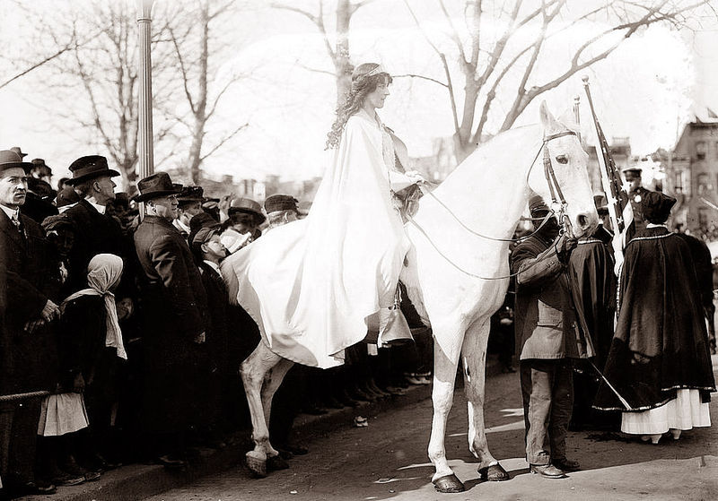 Inez Milholland leads 1913 Woman Suffrage Procession in Washington, D.C. Photo credit: Bain Reporting, Library of Congress Archives.