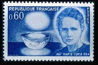 IV-28 1967 France stamp was issued to commemorate the 100th anniversary of the birth of Marie Curie. It features a portrait of Dr. Curie and a bowl glowing with radium.<br>Photo from www.xray.hmc.psu.edu/ rci/ 