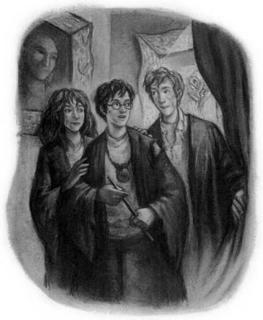 Hermione, Harry and Ron - Illustrations by Mary GrandPre<br>(https//www.hp-lexicon.org/images/chapters/dh/dh.tailpiece--thatll-be-the-end-of-that.jpg)