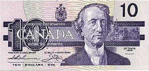 The Canadian ten dollar bill (http://www.improvecredit.ca/blog/wp-content/uploads/2008/04/canadian_ten_dollar_bill.gif)