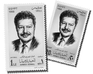 A postal stamp with the picture of Zewail on it. (http://www.facebook.com/pages/Ahmed-zewail)