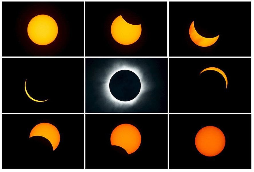 A combination photograph shows the beginning (top L) to the end (top L to bottom R) of a total solar eclipse as seen from the beach of Ternate Island, Indonesia, on March 9, 2016. (Reuters/Beawiharta/File)