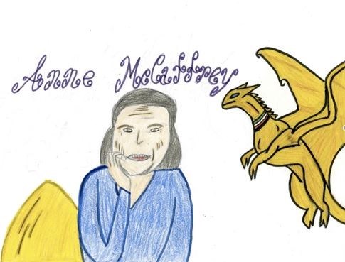 Anne McCaffrey with a fire-lizard and a queen egg. (I drew this picture by copying various pivtures off the internet.  I also used descriptions from Anne's own books.)