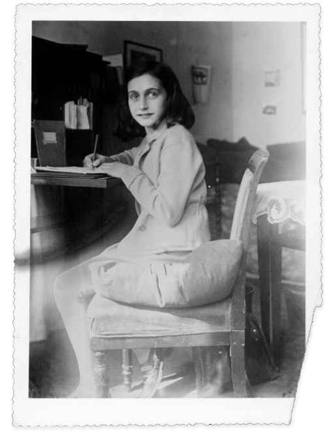 Anne Frank sitting writing in her diary (http://museumviews.com/?p=5054)
