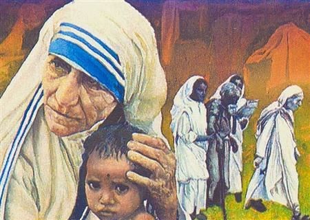 an art piece of mother Teresa cradling a child   (http://www.pitara.com/non-fiction-for-kids/biograp (pitara))