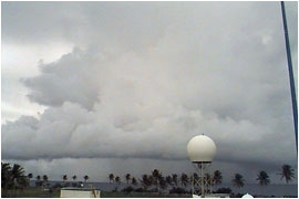A photograph of weather and clouds during the Kwajalein Experiment in the Marshall Islands, August 1999. (Image courtesy of the University of Washington)