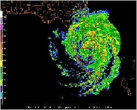 A composite reflectivity image of Hurricane Frances on September 5, 2004 using Florida's NEXRAD radar network. Higher reflectivity indicates higher rainrates. (Image courtesy of Gerry Creager, Texas A&M University)