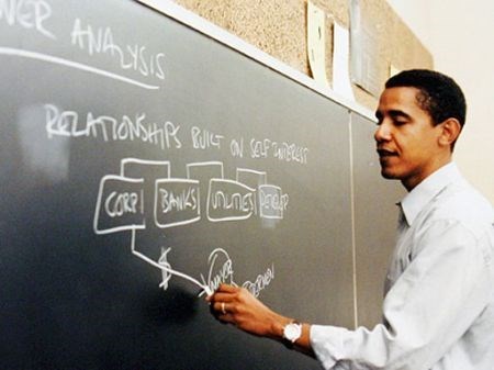 Barack Obama teaching at the University of Chicago Law School <br>(http://obama.3cdn.net/e619093b4144ddc74e_fum6bhivu.jpg)