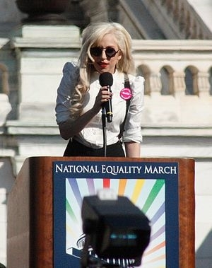 Lady Gaga giving a speech at the National Eqality (http://en.wikipedia.org/wiki/Portal:Lady_Gaga/Selected_picture/2)