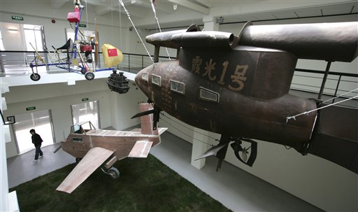 Airplanes invented by farmers are seen on display at Shanghai's Rockbund Museum, Tuesday, May 11, 2010, in Shanghai, China. The museum opened the exhibit on May 4 alongside the Shanghai World Expo. (AP Photo)