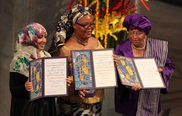 Left to right: 2011 Nobel Peace Prize Laureates Tawakkol Karman, Leymah Gbowee, President Ellen Johnson Sirleaf