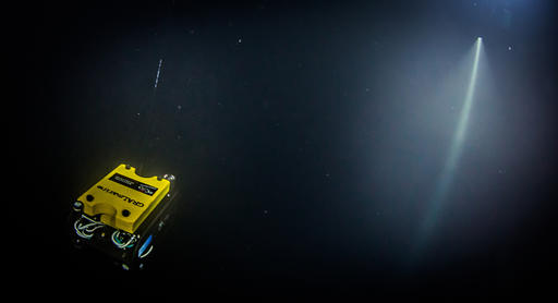 In this underwater photo taken Sept. 27, 2016 in the flooded Hranicka Propast, or Hranice Abyss, in the Czech Republic a remotely-operate underwater robot, or ROV, is exploring for the cave's bottom, which it did not find, despite descending to the depth of 404 meters (1,325 feet), the length of its cord, and revealing it to be the world's deepest known flooded limestone sinkhole, during an expedition led by Polish explorer Krzysztof Starnawski, 'Hranicka Propast - step beyond 400m' that was partly funded by the National Geographic. (Krzysztof Starnawski Expedition via AP)