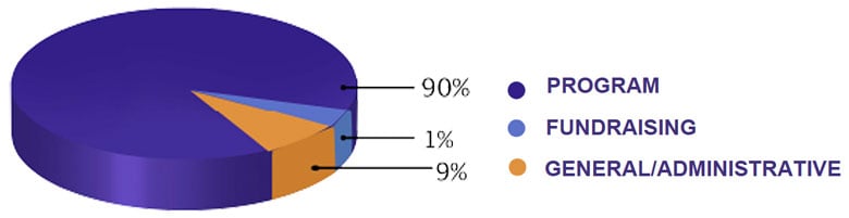 90% of Costs go to Programs, 1% to Fundraising, 9% to General/Administrative