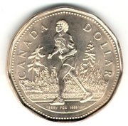 Special Edition Canadian Loonie honoring Terry Fox<br> (http://www.nationmaster.com/wikimir/images<br>/upload.wikimedia.org/wikipedia/en>br>/thumb/0/0e/<br>FoxLoonie.jpg/180px-FoxLoonie.jpg)