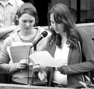 Katharine Kendrick & Annalise Blum voice their concern for Darfur to the CPS Community<br> Photo courtesy of: The College Preparatory School 