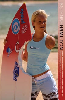 Bethany Hamilton and her bitten surf board (http://sportsposterwarehouse.com)