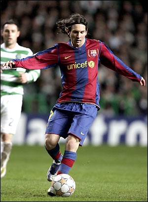 Messi playing for FC Barcelona against Celtic