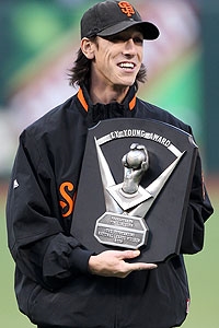 Tim Lincecum holding his Cy young Award (yahoo images)