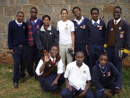 Teacher Phyllis Mbui, MY HERO Media Arts Educator Geeta Malik, and students at Kikuyu Day High School