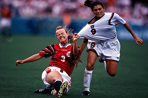 Mia Hamm in a game against Norway (www.netreach.net/~lmsc/espeseth.jpg)