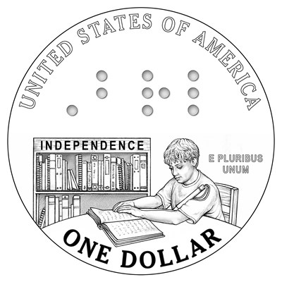 Louis Braille Silver Dollar in celebration for Br (http://www.thecoincottage.com/images/usmint/2009LouisBrailleReva.jpg)
