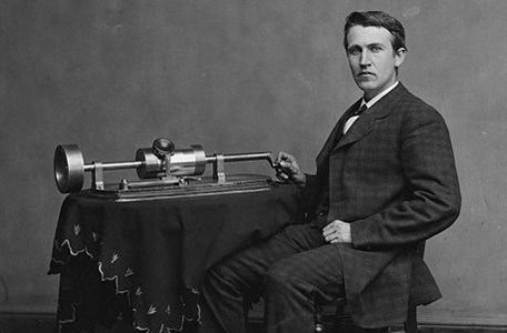 Thomas Edison with his first phonograph, in 1877 (Conservapedia)