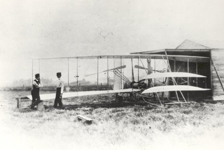 Picture of Wilbur and Orville Wright with Flyer II<br> at Huffman Prairie