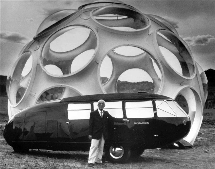 Picture of R. Buckminster Fuller, the Dymaxion Car & Geodesic Dome