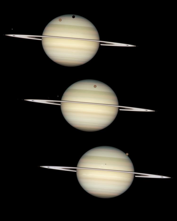 Picture of Saturn: Three Images of a Quadruple Moon Transit
