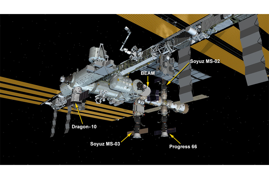 Four spacecraft are at the station including the SpaceX Dragon, the Progress 66 cargo craft, and the Soyuz MS-02 and MS-03 crew vehicles, as shown in this artist’s illustration of the current docking configuration released Feb. 24, 2017. (NASA)