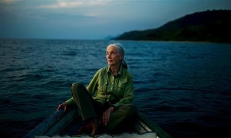 Jane relaxing on a lake, just outside of Gombe.  (New York Times Magazine (Michael Christopher Brown/Magnum))