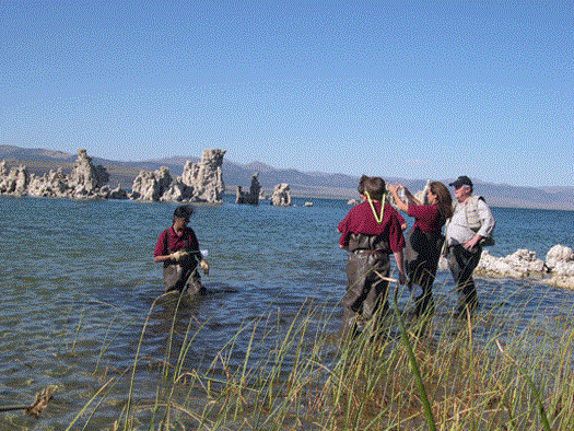 <h6>JASON Student Argonauts (R to L) Meera Gudavalli, Andrew Young, and Megan Shaffer; Teacher Argonaut Danielle Renz; and Arizona State University Astrobiologist Jack Farmer collect water samples from Mono Lake in California.  </h6><P>