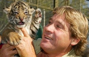 Steve Irwin with a baby tiger 