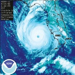 Hurricane Andrew churns in the Gulf of Mexico on August 24, 1992, hours after ravaging the southern tip of Florida where it caused most of its $26 billion in total damage. 