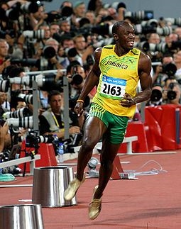Bolt after the 100 m final at the 2008 Olympics (http://en.wikipedia.org)