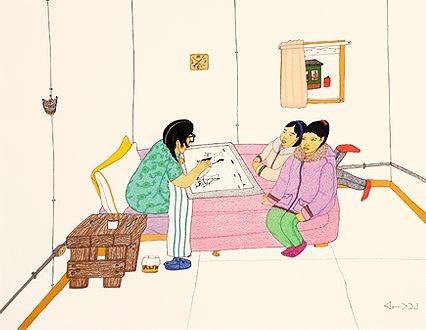 Pitseolak Drawing with Two Girls on the Bed (http://www.cbc.ca/arts/images/pics/pootoogook2.jpg)