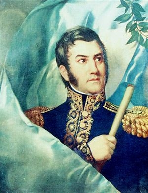 Jose de San Martin holding the flag of Argentina.