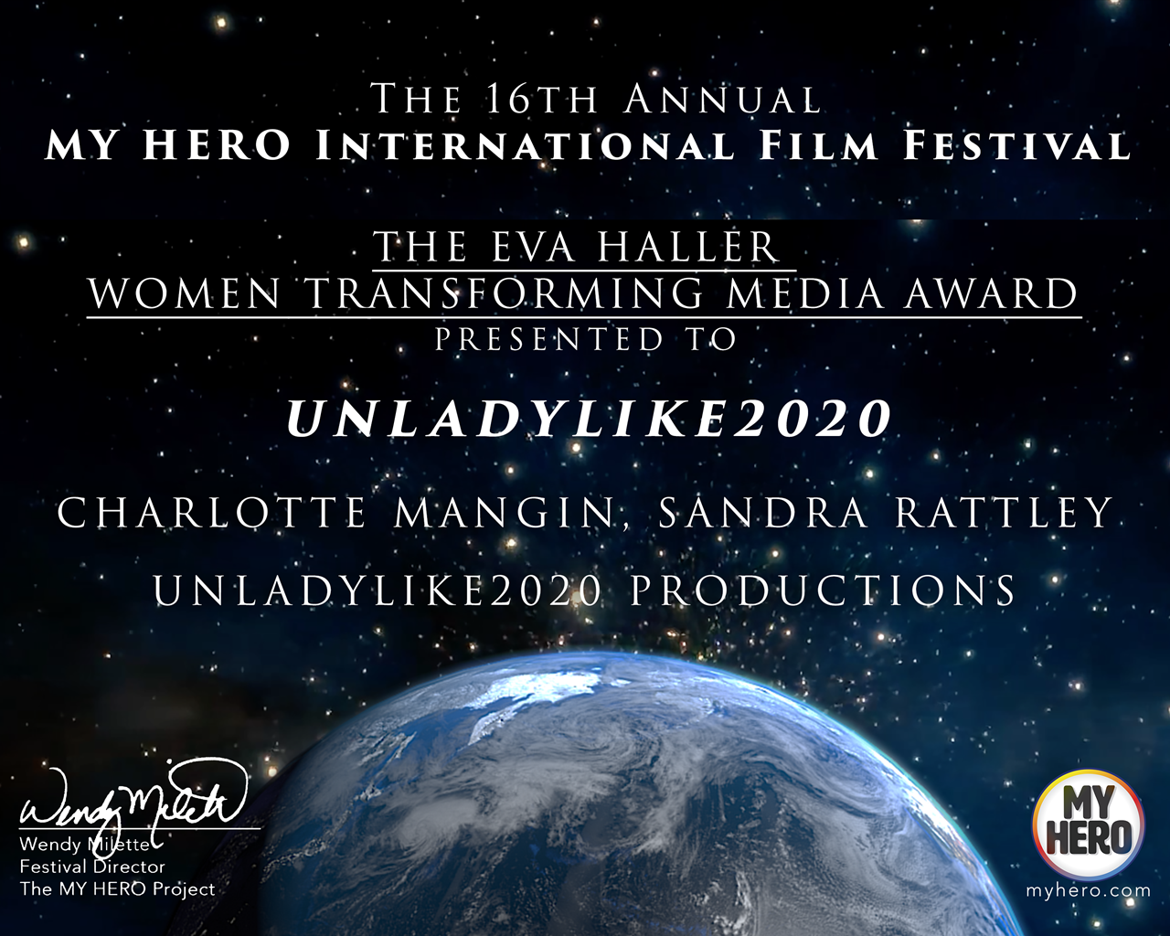 Picture of UNLADYLIKE2020 Executive Producers Charlotte Mangin and Sandra Rattley Accept 2020 Eva Haller Women Transforming Media Award