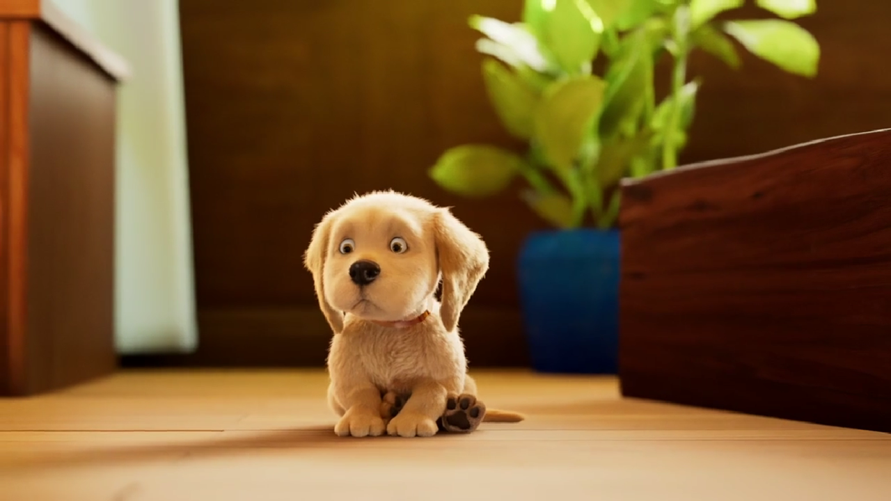 Animated golden retriever sitting on the floor.