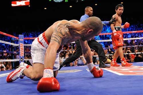 Manny Pacquiao leaving Cotto in defeat (http://www.mmamania.com/2011/5/7/2158850/na-na-na-na-na-na-na-na-pac-man (mmamania.com))