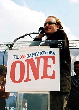 Bono of U2 at the rally to introduce the ONE campa (http://www.google.com/imgres?q=bono+one+campaign&u ())