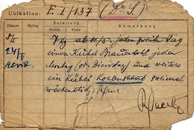 Actual ration card used during Holocaust.  (http://www.edwardvictor.com/Holocaust/theresiensta ())