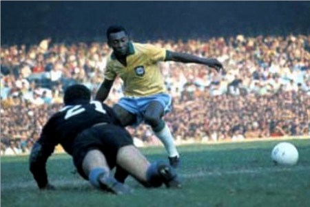 Pele playing for his national team, Brazil (http://www.football-history.net/who-is-who/p/pele. ())