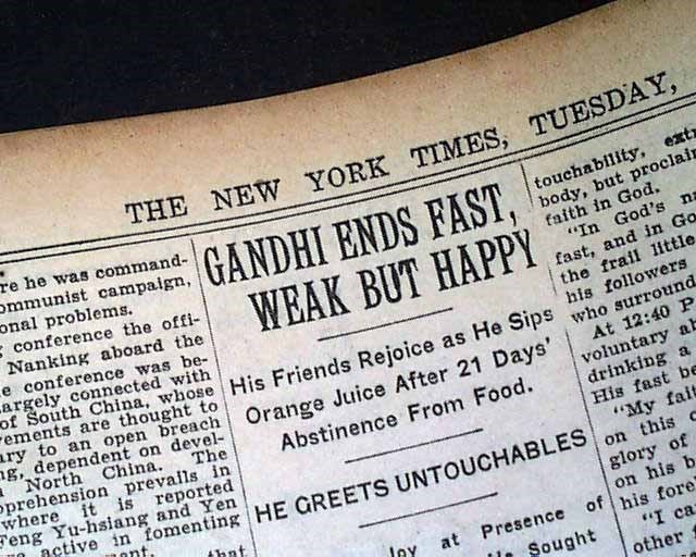 Gandhi ends his 21-day fast (http://www.rarenewspapers.com/view/580152 ())
