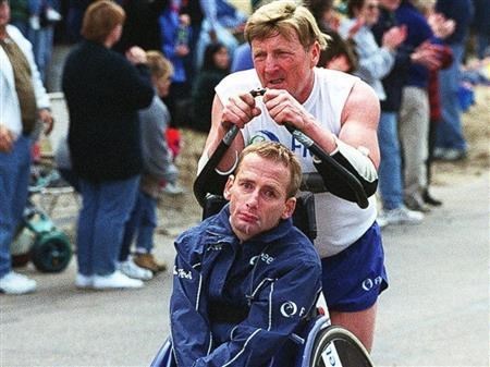 Dick and Rick Hoyt going up Heartbreak Hill (http://abcnews.go.com/Health/team-hoyt-run-boston-marathon/story?id=23288967)