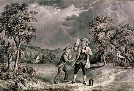 Benjamin Franklin's kite and key in action. (http://all-len-all.com/wp-content/uploads/2014/06/Franklins_experiment.jpg)