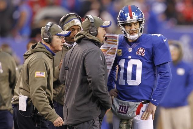 Tom Coughlin and Ben McAdoo telling plays to Eli (nydailynews.com (CHRIS SZAGOLA CSM LANDOV))