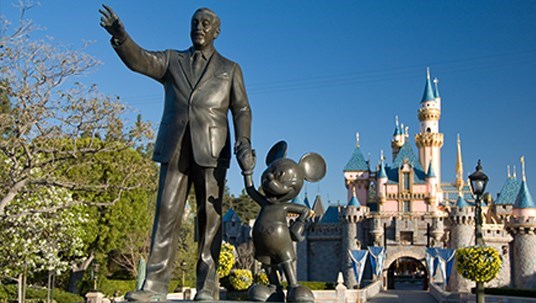 A statue at Disneyland dedicated to Walt & Mickey