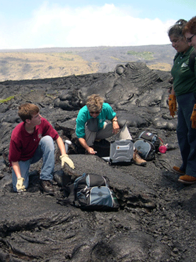 <h6>JASON Argonauts examine lava as part of JASON Expedition: Mysteries of Earth and Mars.  (R to L) Luke Iott; Marti Dekker; Anabel Hernandez; and Planetary Geologist at the University of Hawai`i, Vicky Hamilton, Ph.D.</h6><P>