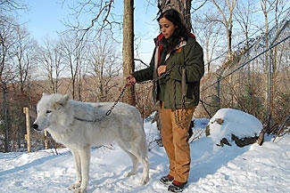 Rebecca Bose, holds the leash of Atka, an arctic wolf, at the Wolf Conservation Center in South Salem, N.Y. The curators of the center take Atka on trips to schools and museums as an ambassador to educate the public about wolves and the environment.
